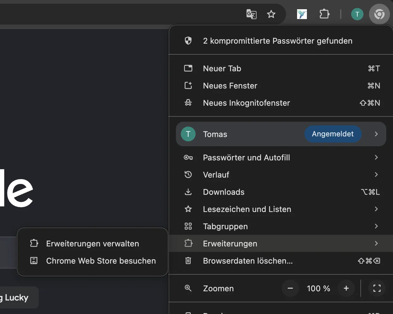 Aufgeklapptes Chrome-Menü oben rechts, Untermenü „Erweiterungen“ hervorgehoben