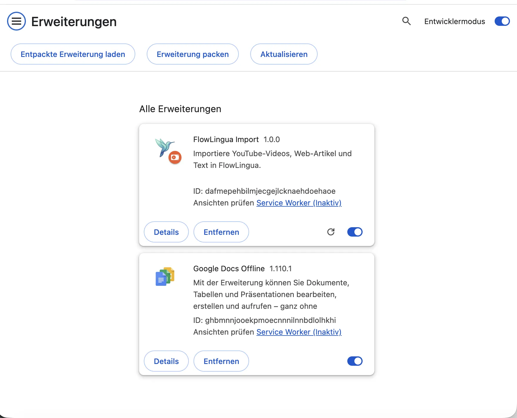 chrome://extensions mit aktiviertem Entwicklermodus, Button „Entpackte Erweiterung laden“ und der Karte „FlowLingua Import“