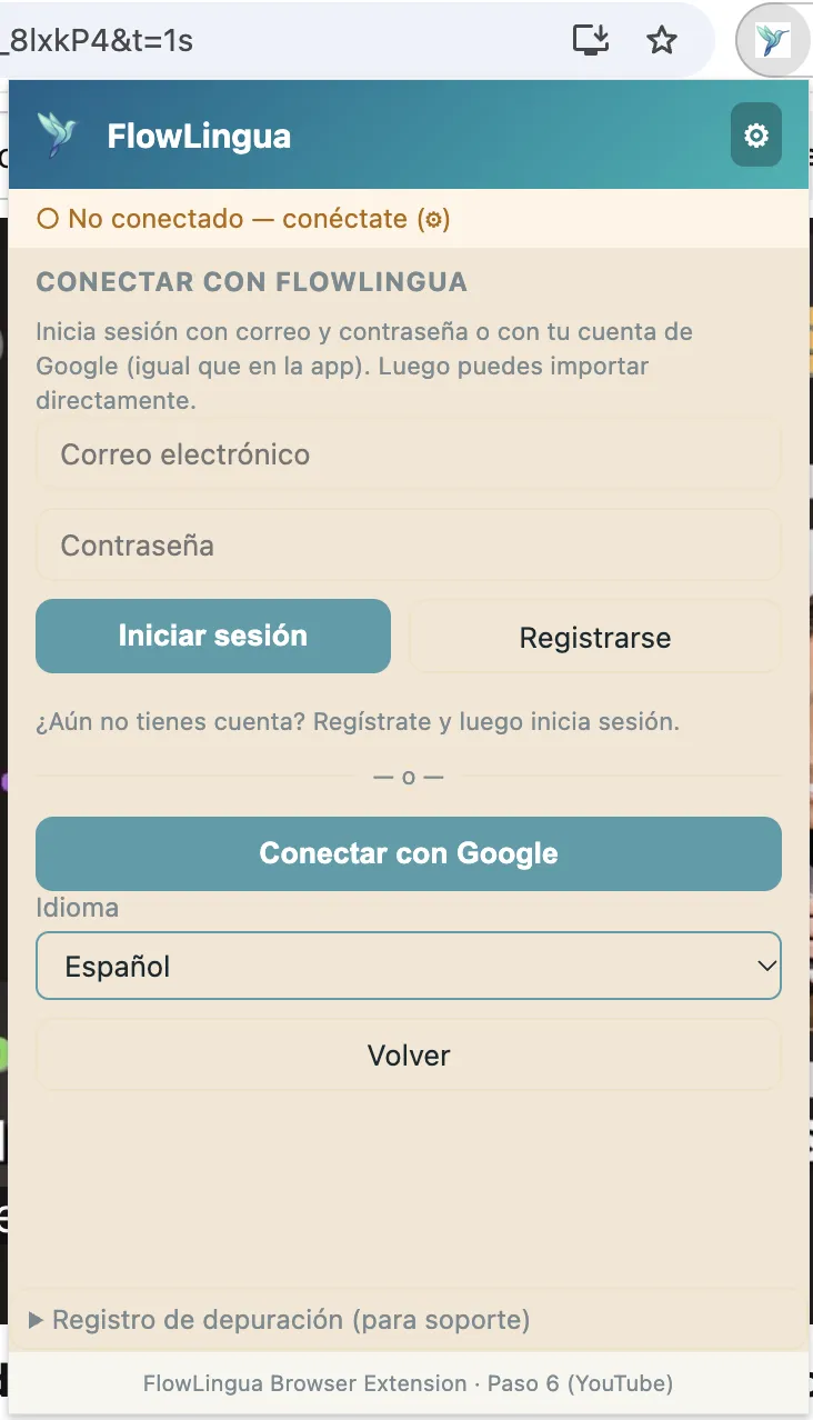 Ventana de inicio de sesión de la extensión: acceso con correo o Google