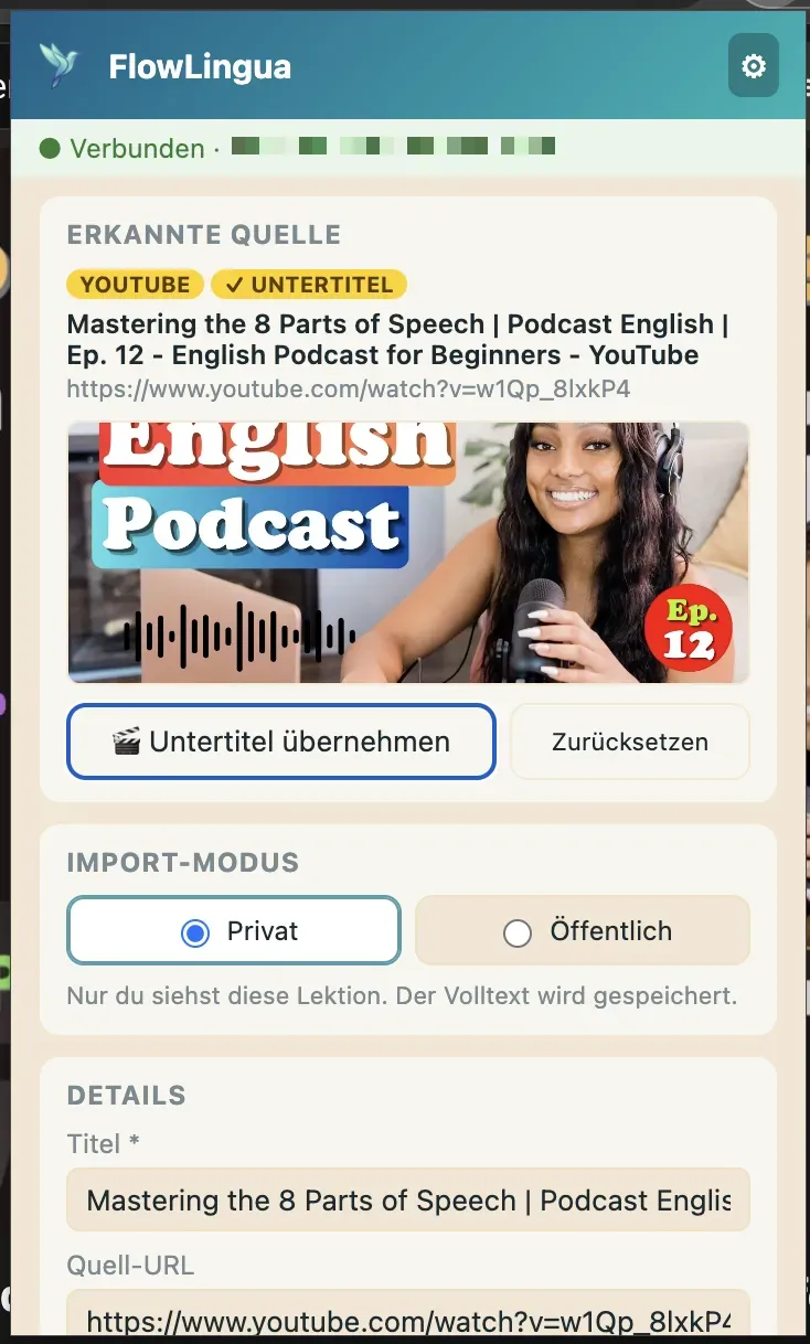 YouTube-Video mit geöffnetem FlowLingua-Popup: Thumbnail-Vorschau und Badge „✓ Untertitel“