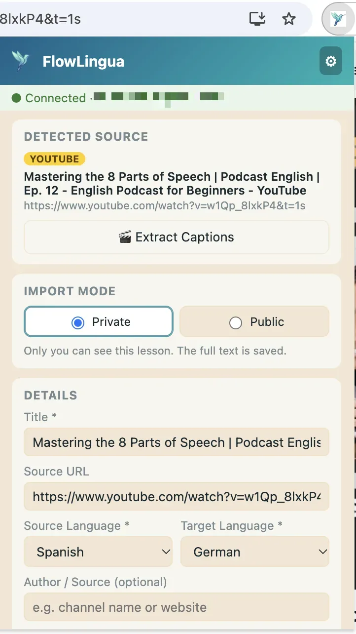YouTube video with the FlowLingua popup open: thumbnail preview and the “✓ Captions” badge