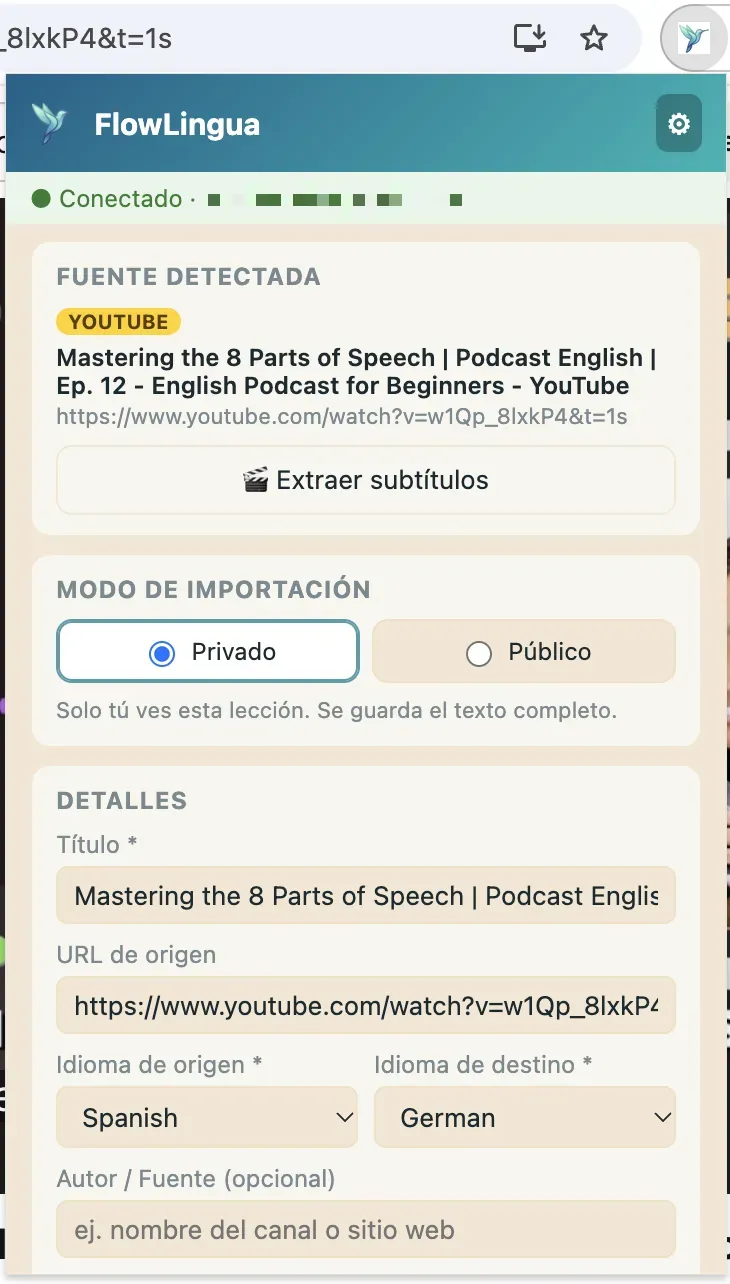 Vídeo de YouTube con la ventana emergente de FlowLingua abierta: vista previa de la miniatura y la insignia «✓ Subtítulos»