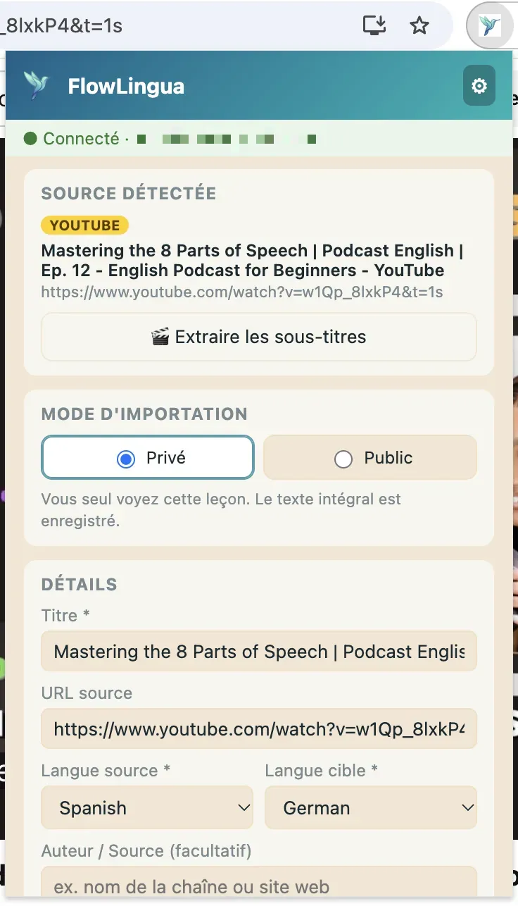 Vidéo YouTube avec le popup FlowLingua ouvert : aperçu de la miniature et badge « ✓ Sous-titres »