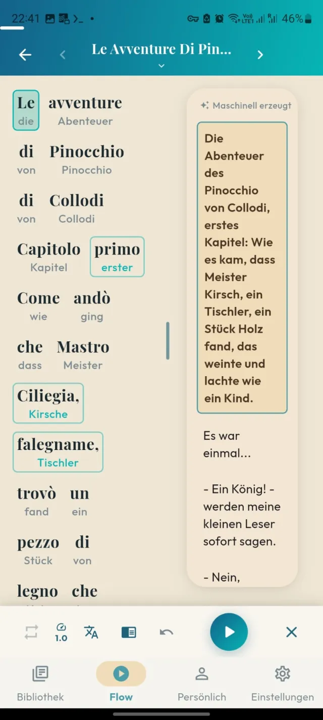 FlowLingua Flow-Reader mit Pinocchio-Text und Interlinear-Übersetzung