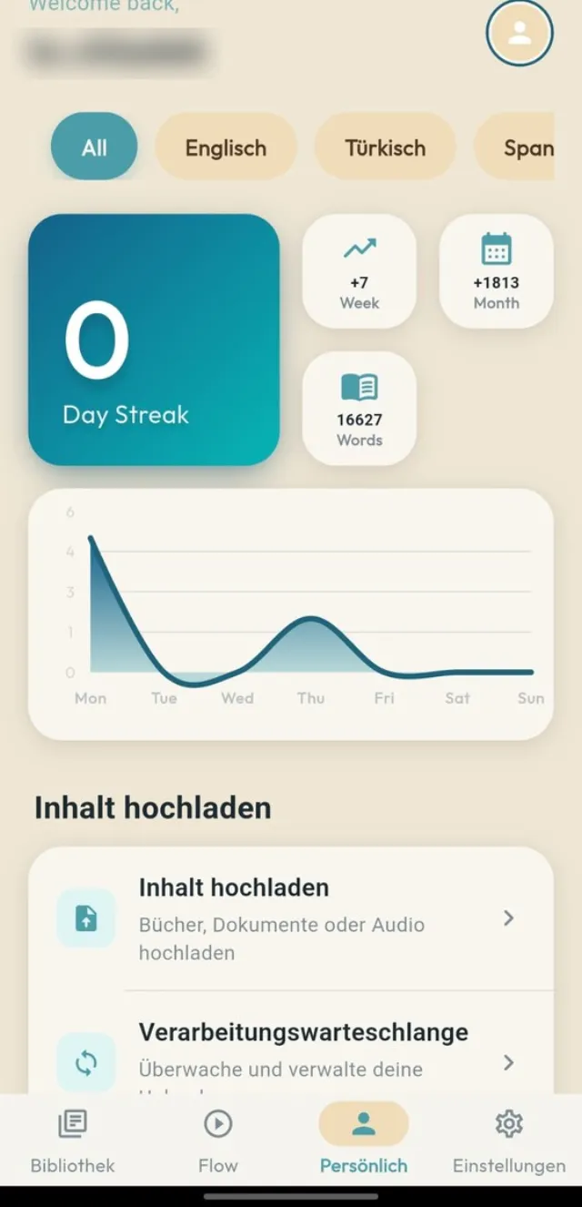 FlowLingua Statistiken mit Streak und Wortschatz