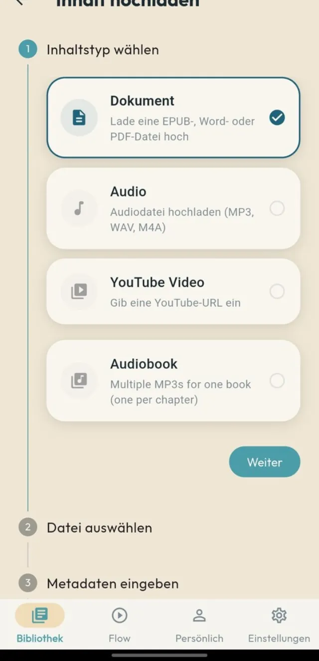 FlowLingua Inhalte importieren: Dokument, Audio, YouTube oder Hörbuch